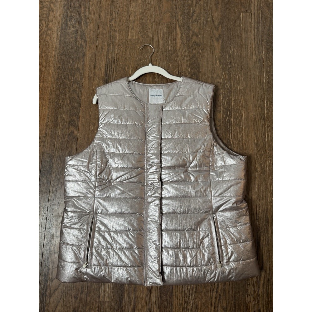 Tommy Bahama Womens XL Metallic Quilted Puffer Vest Balboa Mist SilverSnap Front